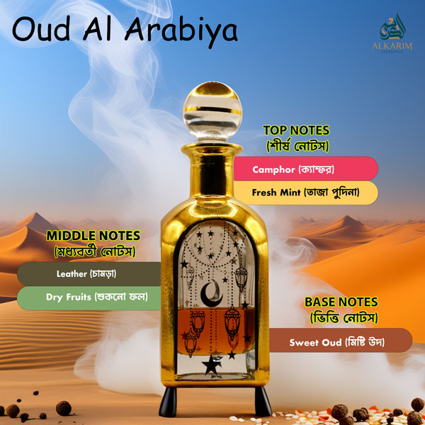 Oud Al Arabiya আতরের সুন্দর কাঁচের বোতল, সোনালী নকশা এবং এর সুগন্ধের উপাদানগুলো (শীর্ষ নোট: কর্পূর (Camphor), ফ্রেশ মিন্ট (Fresh Mint); মধ্যবর্তী নোট: চামড়া (Leather), ড্রাই ফ্রুটস (Dry Fruits); ভিত্তি নোট: সুইট উদ (Sweet Oud)) ছবিতে দেখানো হয়েছে।