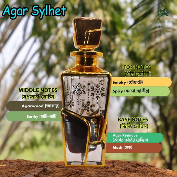 আগর সিলেট (Agar Sylhet) আতরের সুন্দর কাঁচের বোতল, সোনালী নকশা এবং এর সুগন্ধের উপাদানগুলো (শীর্ষ নোট: ধোঁয়াটে (Smoky), মশলা জাতীয় (Spicy); মধ্যবর্তী নোট: আগরউড (Agarwood), মাটির (Earthy); ভিত্তি নোট: আগর কাঠের রেজিন (Agur Resinous), মাস্ক (Musk)) ছবিতে দেখানো হয়েছে।